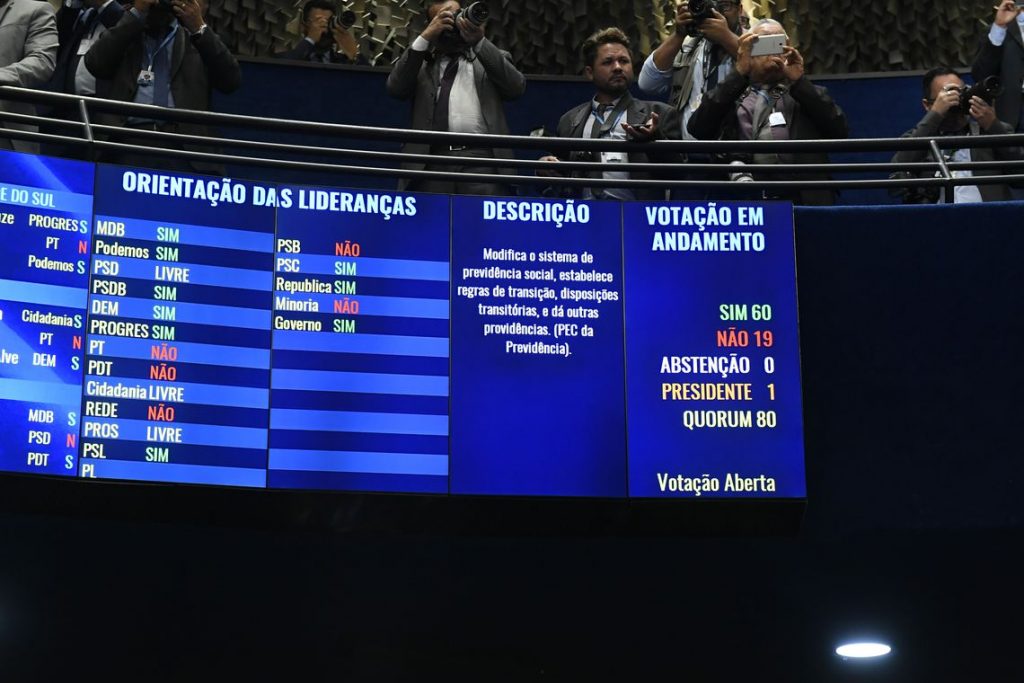 Plenário do Senado Federal durante sessão deliberativa ordinária. Ordem do dia: na pauta, votação, em segundo turno, da PEC 6/2019, que modifica o sistema de previdência social.
Painel eletrônico exibe andamento da votação.
Foto: Roque de Sá/Agência Senado