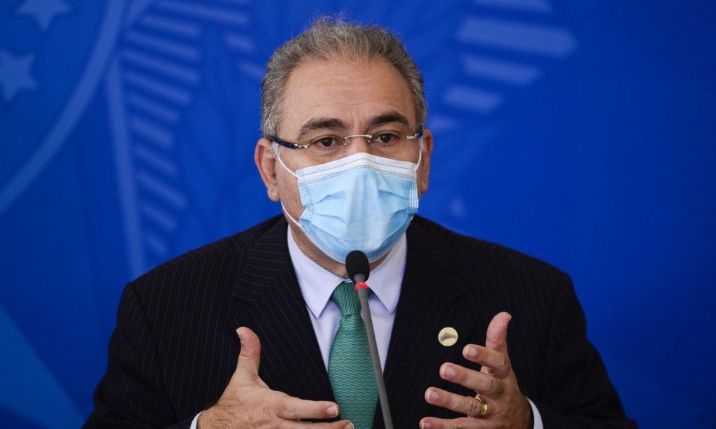 O ministro da Saúde, Marcelo Queiroga, durante entrevista coletiva após reunião do Comitê Nacional de Enfrentamento à Pandemia de Covid-19.