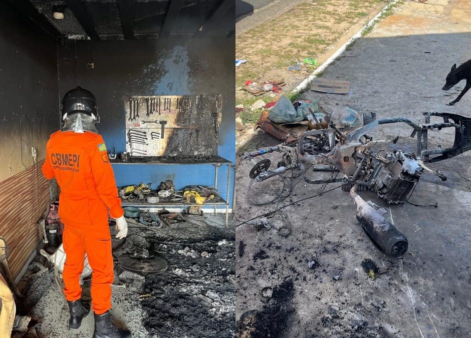Motocicleta pega fogo em oficina e é destruída no Conjunto Joaz Souza, em Parnaíba