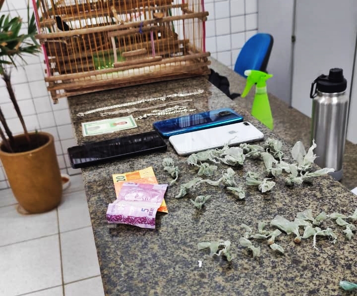 Suspeito de tráfico é preso com drogas, dinheiro e pássaro silvestre em Ilha Grande